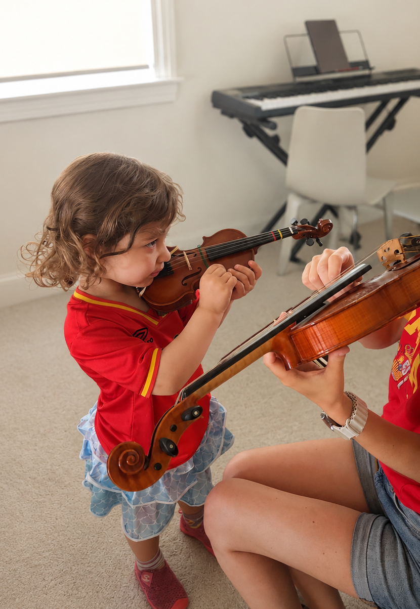 Young child learning violin with instructor at Guaria Montessori